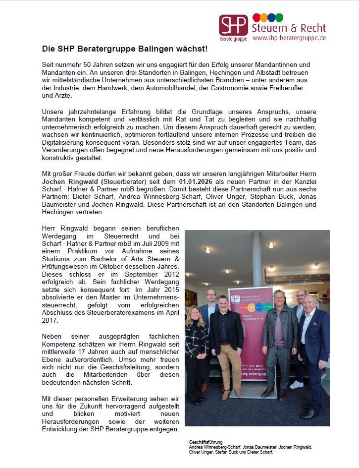 Foto: ©Scharf • Hafner & Partner mbB - Die SHP Beratergruppe wächst!